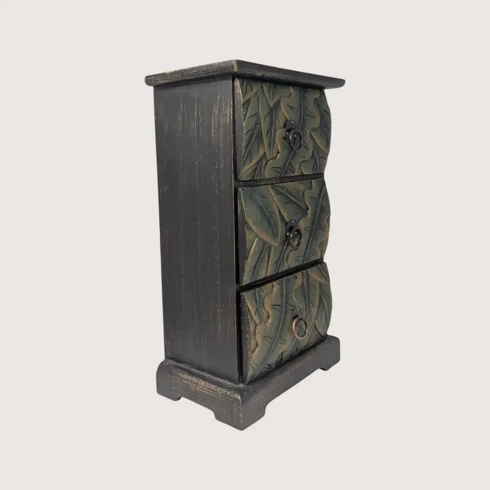 1980s Wooden Carved Leaf 3 Drawer Mini Chest
